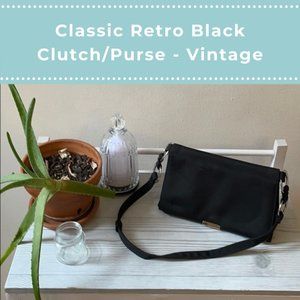 Classic Retro Black Clutch Purse Vintage w/ Strap